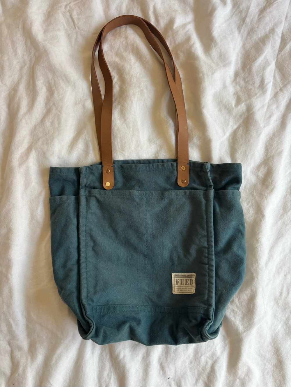 Feed Canvas Tote in Teal with Brown Leather Straps